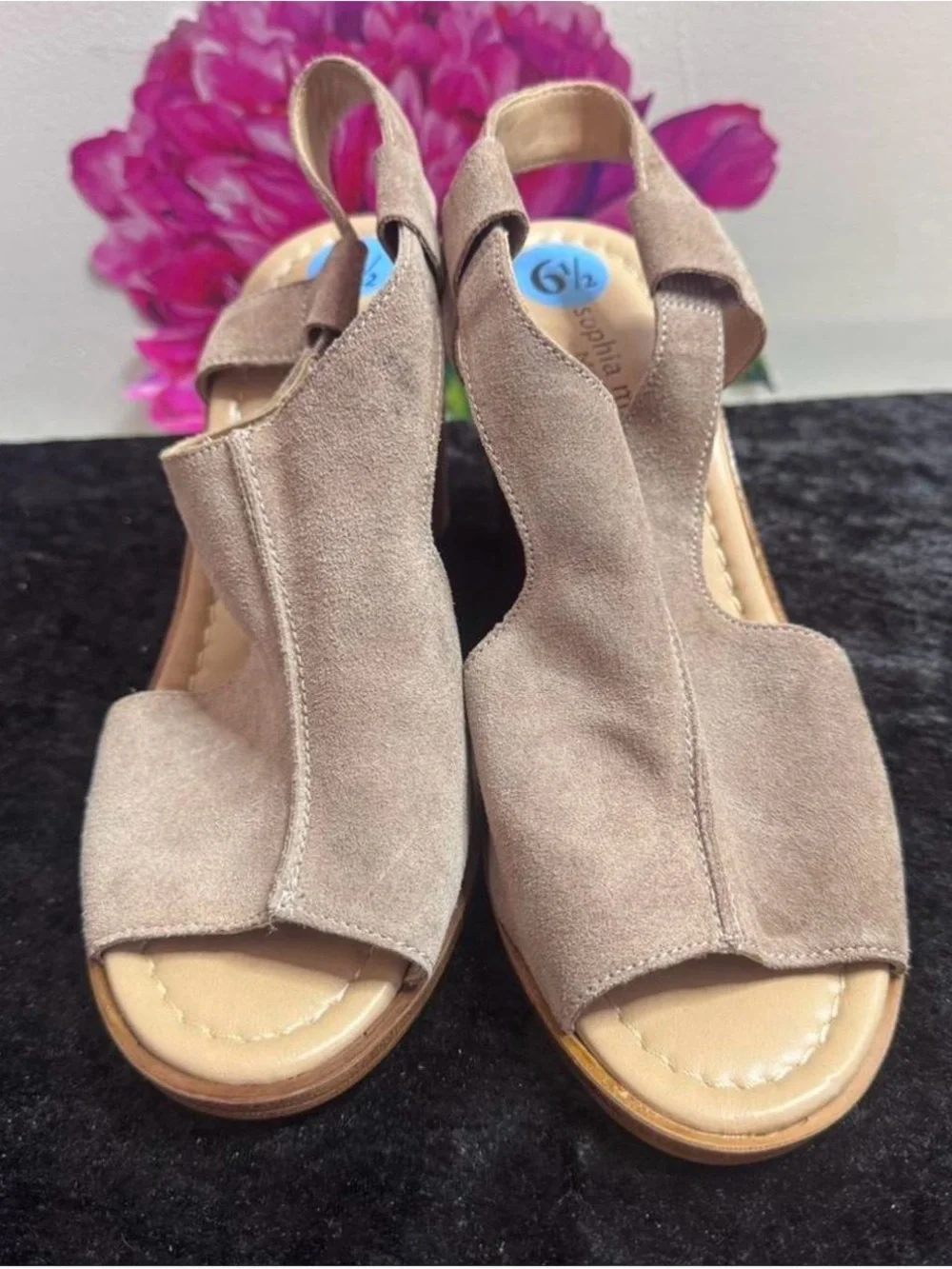 Taupe Suede Open-Toe Wedge Sandals